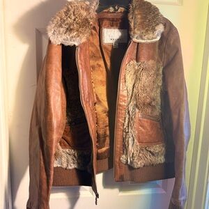 Wilsons Leather Tan Bomber Jacket with Fur Trim